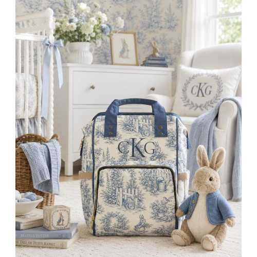 Personalized Peter Rabbit Diaper Bag | Cottage Garden Toile Nursery Backpack | Custom Monogram Beatrix Potter Baby Shower Blanket Gift