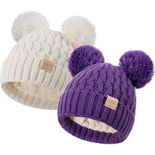 Toddler Winter Beanie Hat, Infant Winter Warm Knit Fleece Lined Cap for Girls Boys with Pom Pom for 0-36 Months 2 Packs