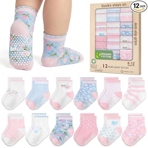 Organic Cotton GOTS Certified Baby Socks Girls Sock 12 Pairs - (6-12 Months) Soft And Comfortable Socks For Baby Girl, Adorable Sock Girls, Gift For Infant