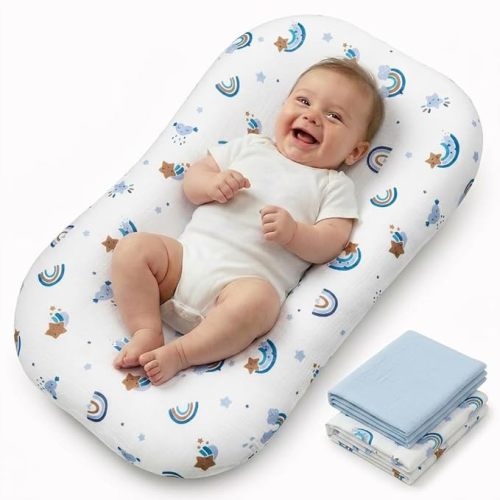 Infant Support Mat, 2 Pack Muslin Cotton Cover, Supportive Tummy Time Mat for Supervised Awake Use, Lightweight Portable Baby Activity Pad (0-24 Months), Blue-Gray & Animal