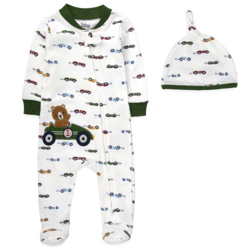 Baby Essentials Infant Boys 3 Months Embroidered Romper Footie with Matching Hat in Race Cars & Teddy Bears