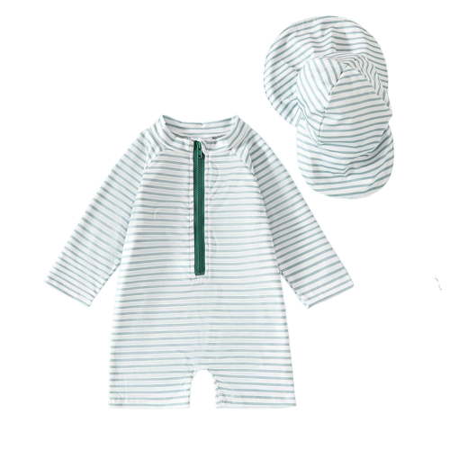 Baby Boys One Piece Swimsuit Long Sleeve UPF 50+ Rash Guard Bathing Suit Swimwear with Sun Hat,Light Green