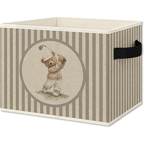 Vintage Golf Bear Storage Bins Box with Handles, Sports Kids Decor for Boys, Neutral Gingham Sports Ball Collapsible Organizer Basket for Nursery Room Bedroom Playroom Toys Books