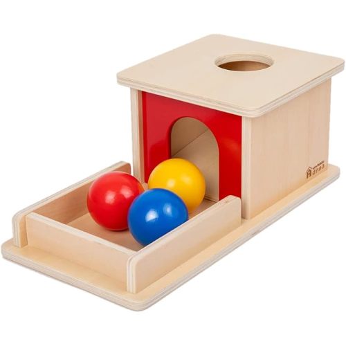 Adena Montessori Object Permanence Box, 3 Wooden Balls, Primary Colors
