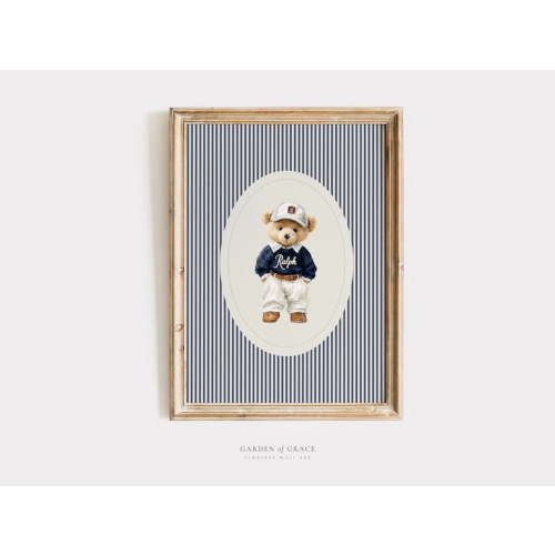 Ralph Teddy Bear in Sweater Wall Art Print for Nursery, Dark Blue Boy Room Decor, Vintage Polo Bear Prints, Country Club Wall Décor 16x24 UNFRAMED