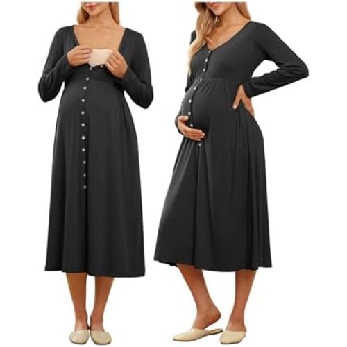 OUGES Cotton Blend Maternity Pajamas Nightgown Button Down Nursing Gown Labor Delivery Breastfeeding Dress with Pockets