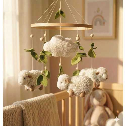 Sheep Baby Crib Mobile, Handmade Nursery Mobile, Wooden Baby Mobile