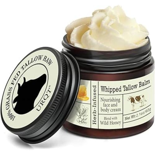 URQT Beef Tallow for Skin - Organic Grass-Fed Whipped Beef Tallow and Honey Balm - Deeply Moisturizing for Face & Body - Natural Skin Care for Soft, Supple Skin