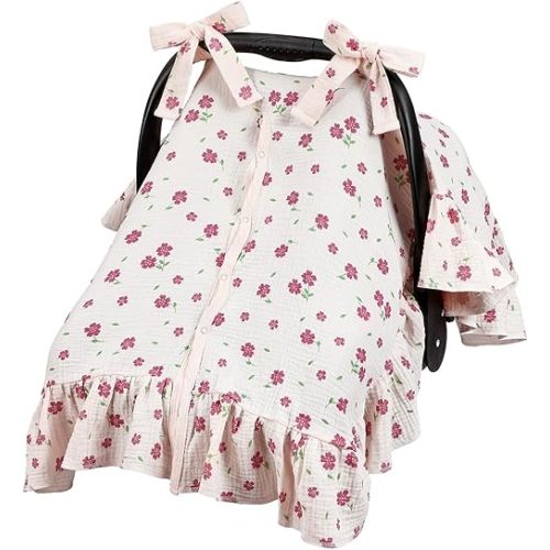 Tegeme Red Flower Muslin Baby Car Seat Cover 2-in-1 Breathable Multi-use Nursing Infant Car Seat Cover Windproof Canopy for Breastfeeding Strollers Carriers