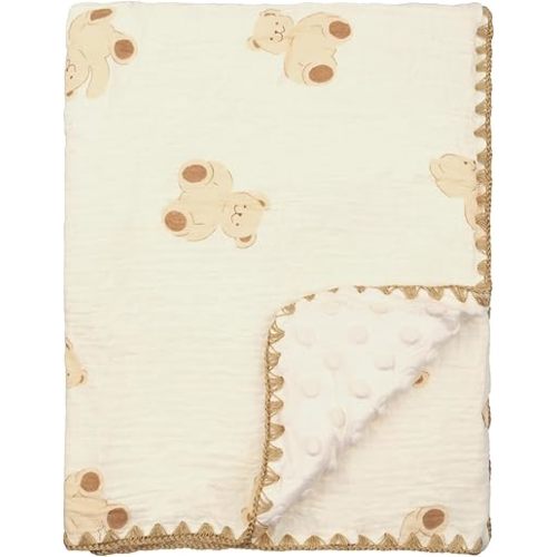 Baby Blanket 40x40 Inches,Muslin Cotton and Minky Dotted Double Layer Soft Receiving Blanket for Newborn Toddler,Bear