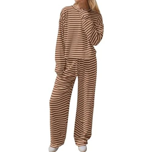 Ythomm Striped Pajamas Womens 2 Piece Sets Long Sleeve Tee Shirts Drawstring Wide Leg Pants Matching Sets Fall Lounge Outfits