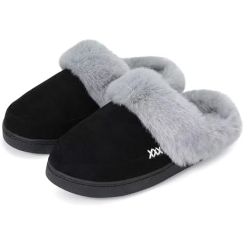 Women's and Men's Memory Foam House Slippers, Faux Fur Lined Indoor Fuzzy Slippers with No-slip Sole, Slip on Suede Home Shoes, Warm Winter Gift for Women & Men