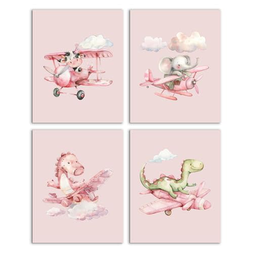 MKIJUHB Pink Cute Elephant Dinosaur Cow Wall Art Decor, Nursery Decor for Girls Boys, Preppy Baby Animal Canvas Prints Wall Art Poster for Kids Room Bedroom Playroom, 8x10 Unframed Set of 4