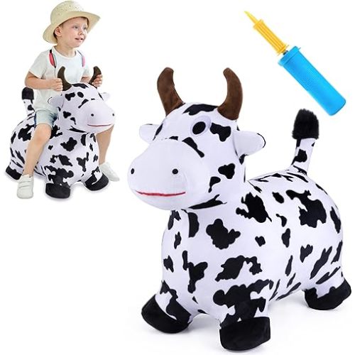 iPlay, iLearn Bouncy Pals Hopping Cow Horse, Toddler Girl Boy Inflatable Bouncing Animal Hopper Toy, Outdoor Indoor Plush Ride on Bouncer, Baby Birthday Gift 18 Month 2 3 4 Year Old Kid - Cow
