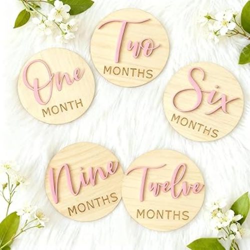 Baby Monthly Milestone，Wooden 3D Milestone Signs for Photo Props, Double Sided Baby Announcement Sign for Newborn, 6 Packs 1-12 Months