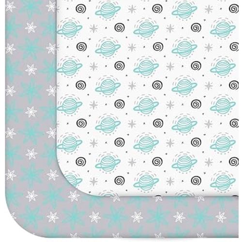 Pack and Play Sheets, 2 Pack Mini Crib Sheets, Stretchy Playard Fitted Sheet, Compatible with Graco Pack n Play, Soft and Breathable Material, Planet & Flower