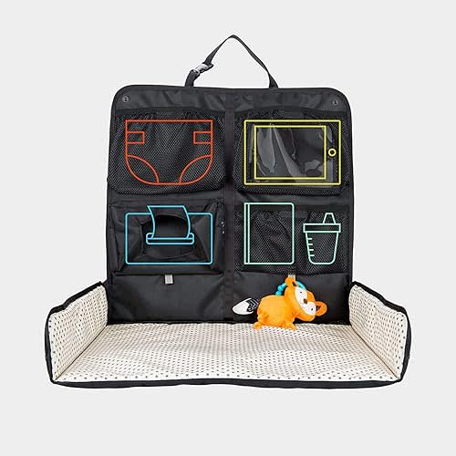 Baby Portable Diaper Changing Station for Your Car | Waterproof, Detachable, Toy Loops, 4 Pockets, Wet Wipes Holder, Tummy Time Mat, Kick Mat, Tablet Holder | LUMI - Black with Ministars