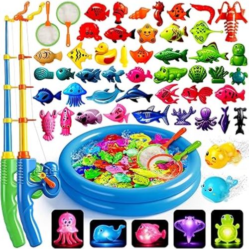 CozyBomB® Magnetic Fishing Toys Game Set for Kids | Water Table Bathtub Kiddie Pool Party Pole Rod Net, Outdoor Plastic Floating Fish, Kids Bath Color Ocean Sea Animals Birthday Gift Age 3-5 6 4-8