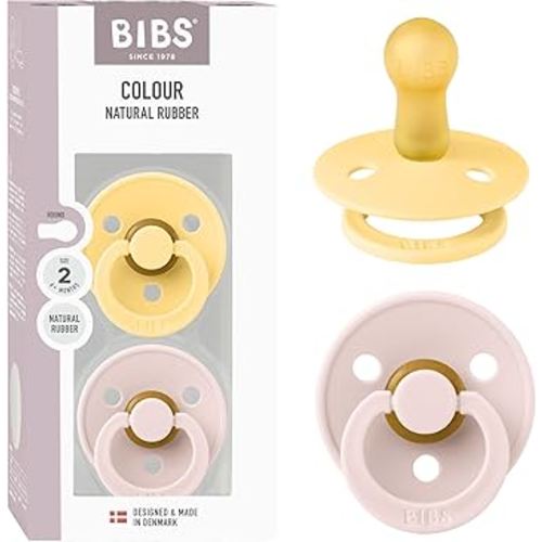 BIBS Colour Pacifier 2-Pack, BPA Free Dummy Binky, Round Nipple. Natural Rubber Latex, Made in Denmark, Size 2 (6-18 Months), Pale Butter/Petal