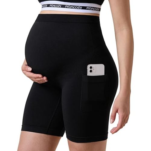 Momcozy Women Seamless Knit Maternity Biker Shorts with Pocket 6" Over Belly High Waisted Thick Pregnancy Yoga Shorts