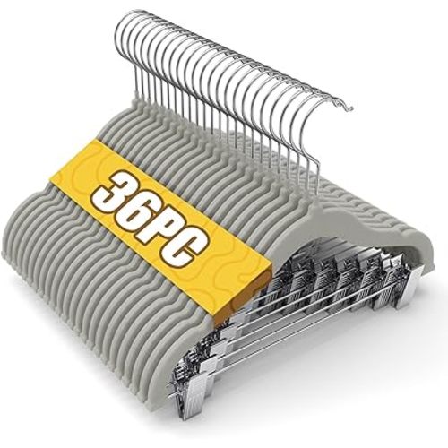 Flottian Paquete de 36 perchas de terciopelo para bebés y niños con clips, antideslizantes y ahorran espacio para pantalones de bebé/niños pequeños, faldas, abrigos, gris