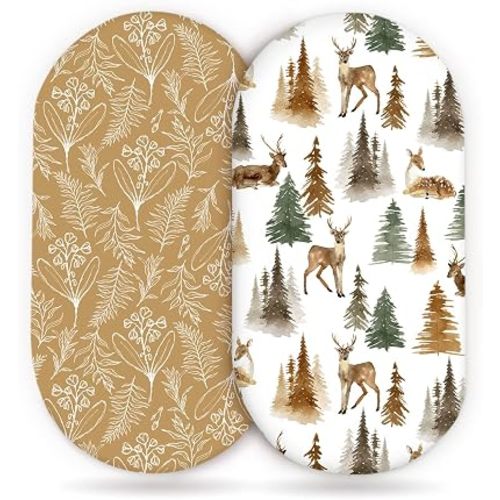 Stretchy Ultra Soft Fitted Bassinet Sheet Set 2 Pack, Universal Fit for Bassinets Baby Cradle Moses Basket Oval Rectangle Mattress, Stylish Jungle Deer Bassinet Sheets for Girls and Boys