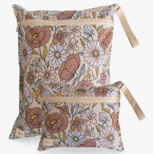 mushie Water Resistant Wet Bags | Large & Small Reusable Storage Bag for Baby Items and Travel | Zippered Pockets with Handle | Machine Washable, Set of 2 (Retro Flowers)