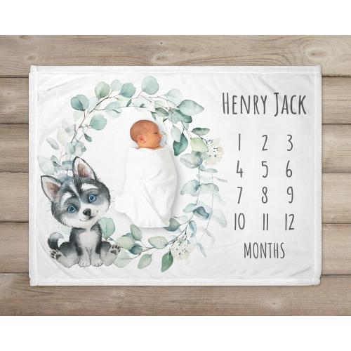 Personalized Husky Milestone Blanket, Dog Month Blanket, Monthly Growth Tracker, Dog Owner Gift, New Baby Boy Baby Shower Gift, Child Puppy,