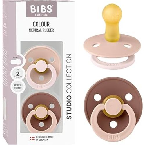 BIBS Colour Studio Pacifier 2-Pack, BPA Free, Round Nipple. Natural Rubber Latex, Made in Denmark, Size 2 (6-18 Months) - Blush/Woodchuck