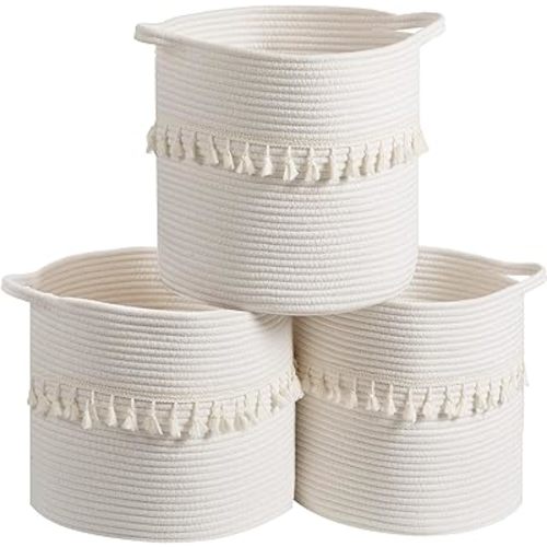 danpinera Baskets for Organizing, 3 Pack White Storage Baskets for Shelves with Tassel, 13 Inch Round Woven Baskets for Storage in any Room