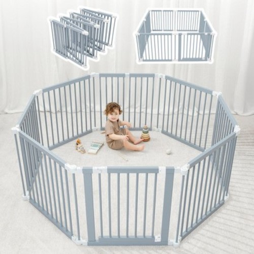 Baby Playpen & Baby Gate for Toddler and Babies, Foldable Wooden Large Shape Playpen with Locking Gate by Comfy Cubs - Pacific Blue
