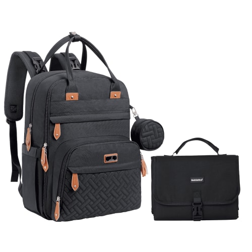 BabbleRoo Diaper Bag Backpack, Waterproof Travel Bag & Premium Changing Pad Set - Black