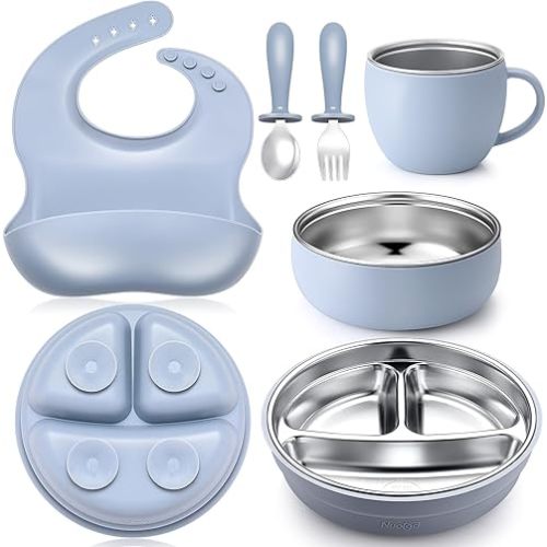 Nuogo 6 Pcs 304 Stainless Steel Kids Plates and Bowls Set Stainless Steel Suction Bowls and Toddler Cup with Removable Silicone, Forks Spoons Pocket Bib for Baby Toddle