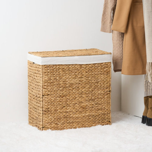 Bayou Breeze Ludmilla Round Tall Water Hyacinth Woven Wicker 2-Section Laundry Hamper | Wayfair