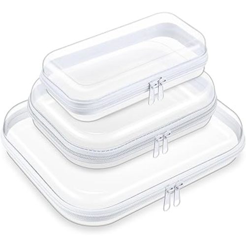 Hoolerry 3 Pcs Clear Hard Zipper Case Hard Plastic Zipper Pouch Makeup Bag Portable Travel Organizer for Cosmetics, Office Supplies, Documents & Toiletries(White,S, S/m, M)