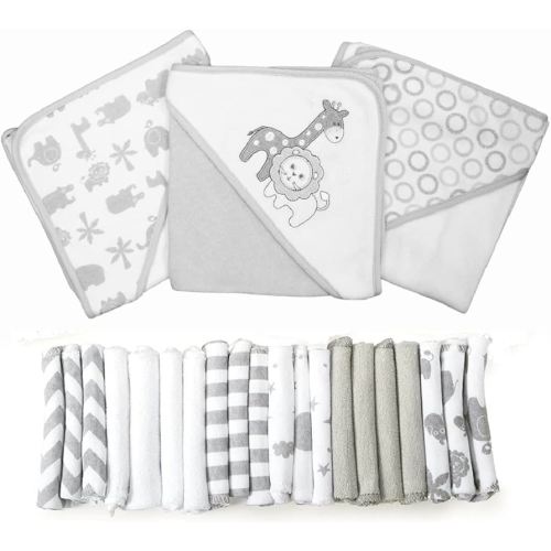 Spasilk Bath Hooded Towels & Baby Washcloths Set, Baby Bath Essentials for Everyday Use, 23-Piece Gift Set, Gray Lion