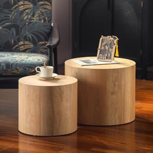 Nesting Round Coffee Table Set of 2, Accent End Table for Small Spaces, Morden Drum Side Table, Wooden Circle Center Table for Living Room, Fully Assembled - Light Oak