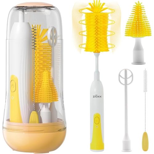 Electric Bottle Brush Cleaner, Portable Electric Baby Bottle Brush Cleaner for Travel, Rechargable Travel Bottle Cleaner Kit with Nipple & Straw Brush, Perfect Mom Essentials After Birth Gift, Yellow