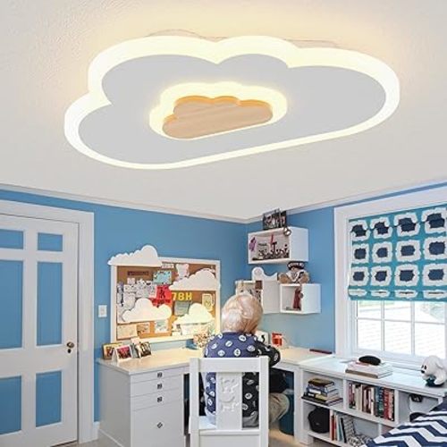 LED Ceiling Light Fixture 19.7in Dimmable Children Cloud Lights for Ceiling with Remote Control 26W Creative Wooden Bedroom Ceiling Lamp for Kids Room Bedroom Living Room, White, YMLED-3