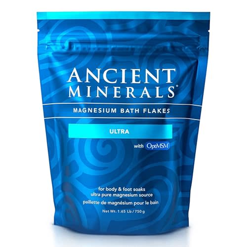 Ancient Minerals Magnesium Bath Flakes Ultra with MSM, Zechstein, 1.65lb | Zechstein magnesium chloride + OptiMSM organic sulfur bath salts. Soothing mineral soak for skin & body. 1.65 lb.