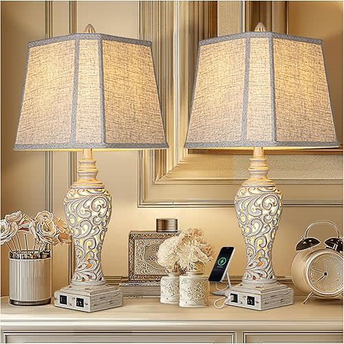 28.5" Table Lamps Set of 2 - Bedside Lamp with Fabric Shades - for Bedroom and Living Room with USB and Nightlight - Perfect for Nightstands and Bedrooms
