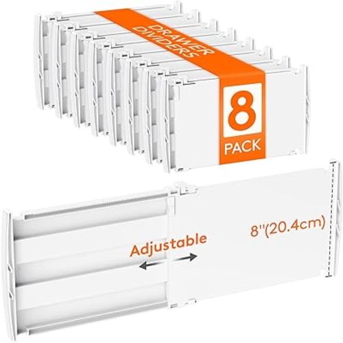 Lifewit 8" Tall 8 Pack Drawer Dividers, 35-56.5cm/13.8-22.2" Expandable Drawer Divider for Clothes, Adjustable Dresser Drawer Organizers, Drawers Separators for Dresser/Bathroom/Closet/Kitchen White