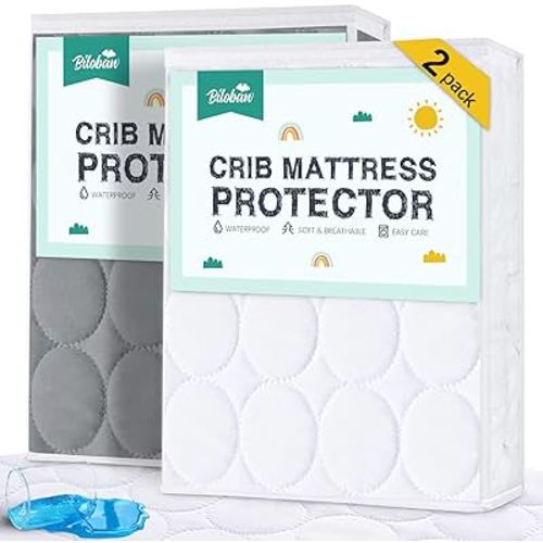 Biloban Crib Mattress Protector 2 Pack, Waterproof, Quilted, Grey & White, Absorbent, Ultra Soft, Noiseless, Durable