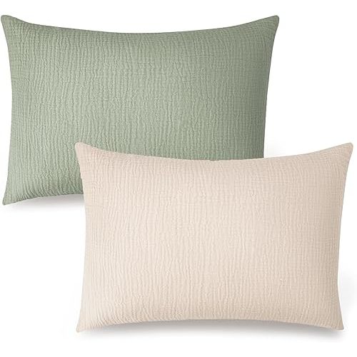 Konssy Muslin Toddler Pillowcase for 13x18 Pillow 2 Pack, 100% Cotton Toddler Pillow Case Cover, Soft & Breathable Travel Babay Kids Pillow Covers with Envelope Closure（Cream,Fog Green）