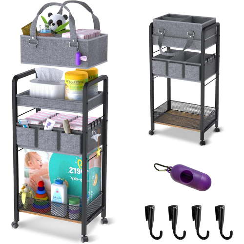 2IN1 Baby Diaper Caddy Organizer-3 Tier Rolling Storage Cart with Dividers - Bedside Diaper Caddy Cart for Baby Nursery Newborn Essentials-Mobile Utility Carts with Wheels for Changing Table