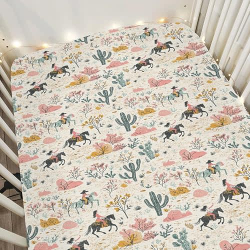 Western Cowgirl Cactus Baby Crib Sheets for Boy Girl 28"x52" Retro Cowgirl Horse Trees Leaves Soft Stretchy Fitted Crib Mattress Cover Wild West Baby Sheet for Standard Crib and Toddler Mattress