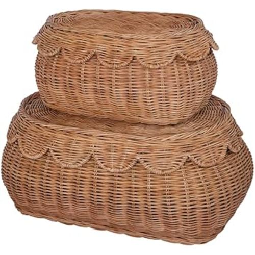 Small Scalloped Basket Set Of 2 - Hand Woven Scallop Basket - 15 x 10 x 6 In - Scalloped Wicker Basket - Scalloped Edge Basket - Scalloped Storage Basket (Mocca)