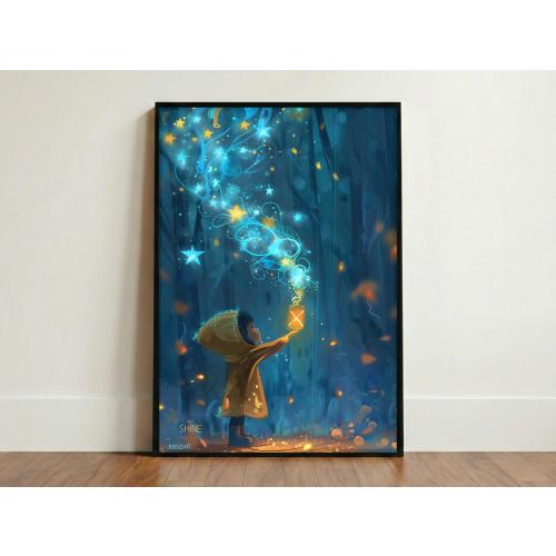 Shine Bright Nursery Art, Magical Forest Poster, Starry Night Print, Whimsical Kids Decor, Bedtime Wall Art, Glowing Stars Playroom