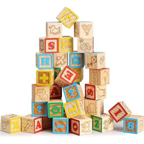 SainSmart Jr. Wooden ABC Blocks 40PCS Stacking Blocks Baby Alphabet Letters, Counting, Building Block Set with Mesh Bag for Toddlers