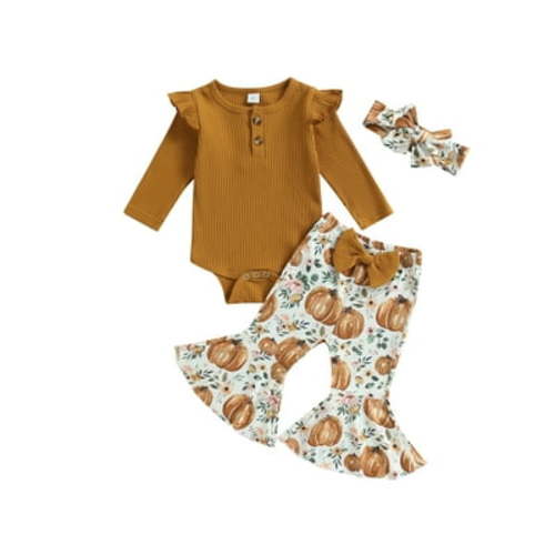 Canrulo 3Pcs Newborn Baby Girls Fall Winter Outfits Long Sleeve Romper+Pumpkin Bell Bottoms+Headband Outfits Brown 3-6 Months